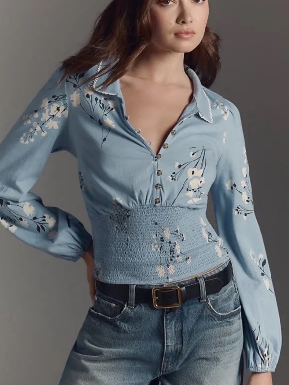 Anthropologie Maeve Smocked Button Down Top Size Large Blue Floral Long Sleeve